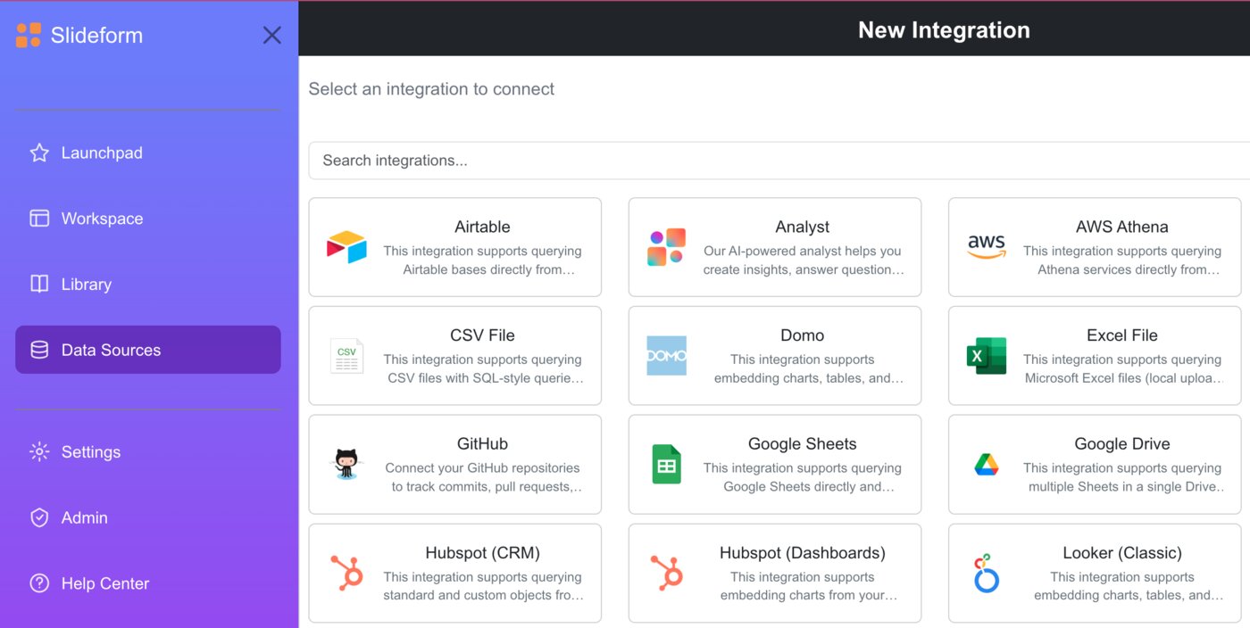 Slideform data sources panel with integrations
